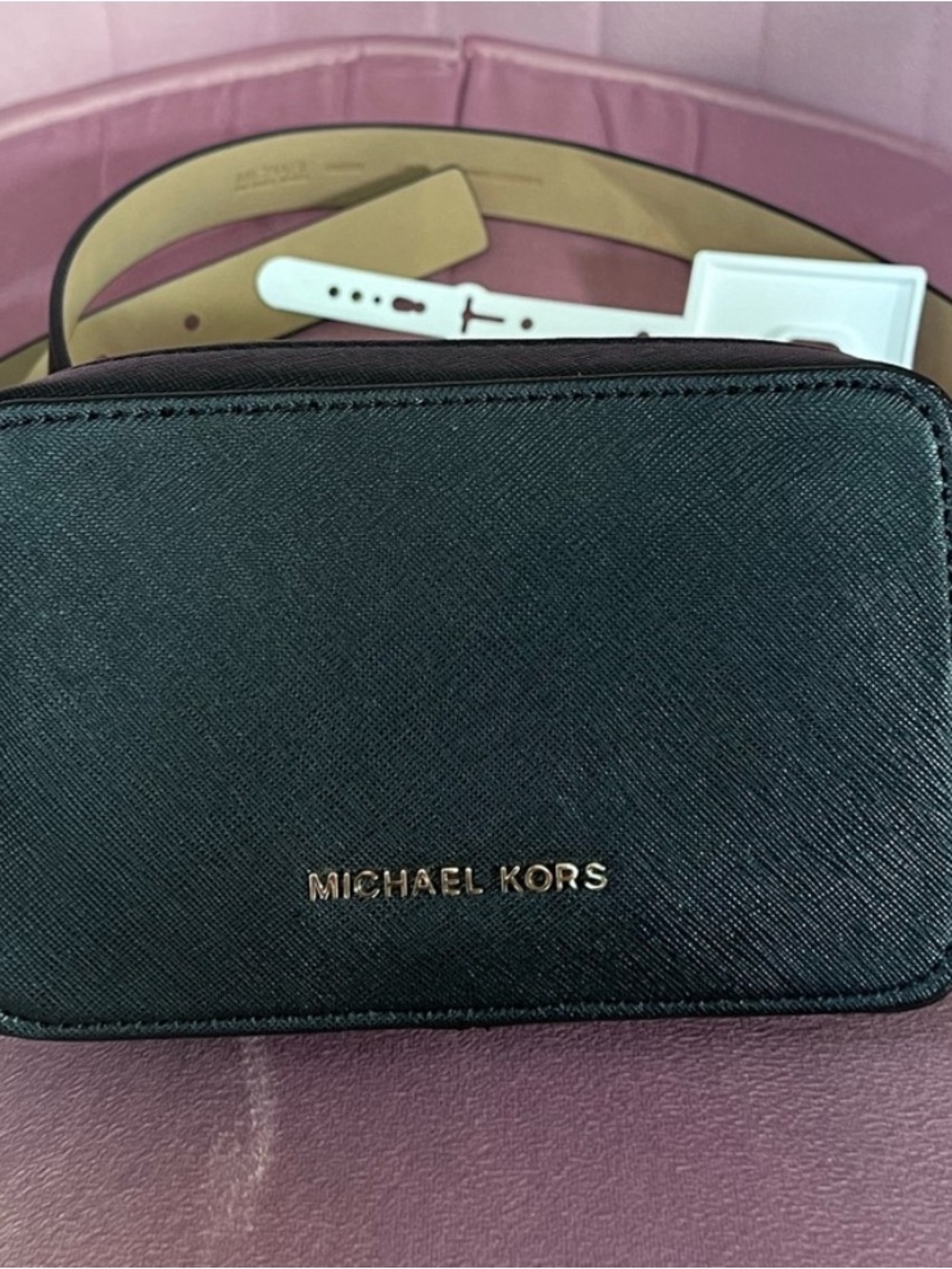 Michael Kors Black Saffiano Crossbody with Gold Logo and Tan Strap